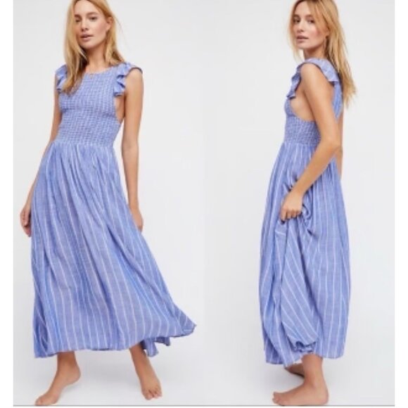 Free People Chambray Striped Dress Medium Pastel Blue Smocked Waist Ruffle Boho - Picture 3 of 16